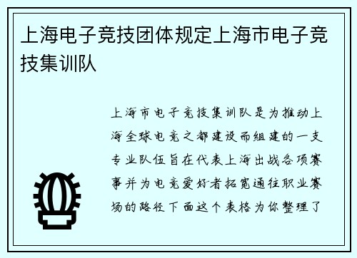 上海电子竞技团体规定上海市电子竞技集训队